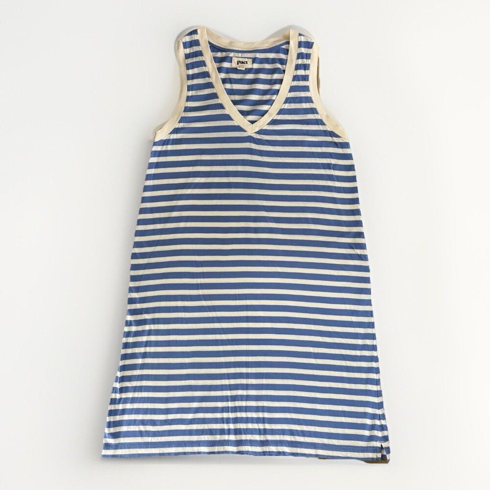 Pact Dress Womens Size Small Blue White Stripe Sleeveless V Neck Mini